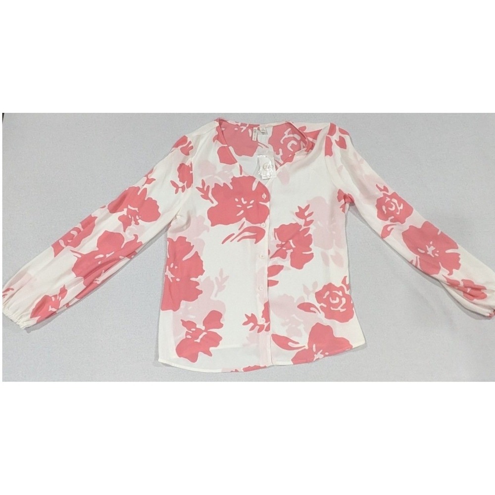Cato Blouse Womens Small Pink White Like New Floral V-Neck Balloon Sleeve Button